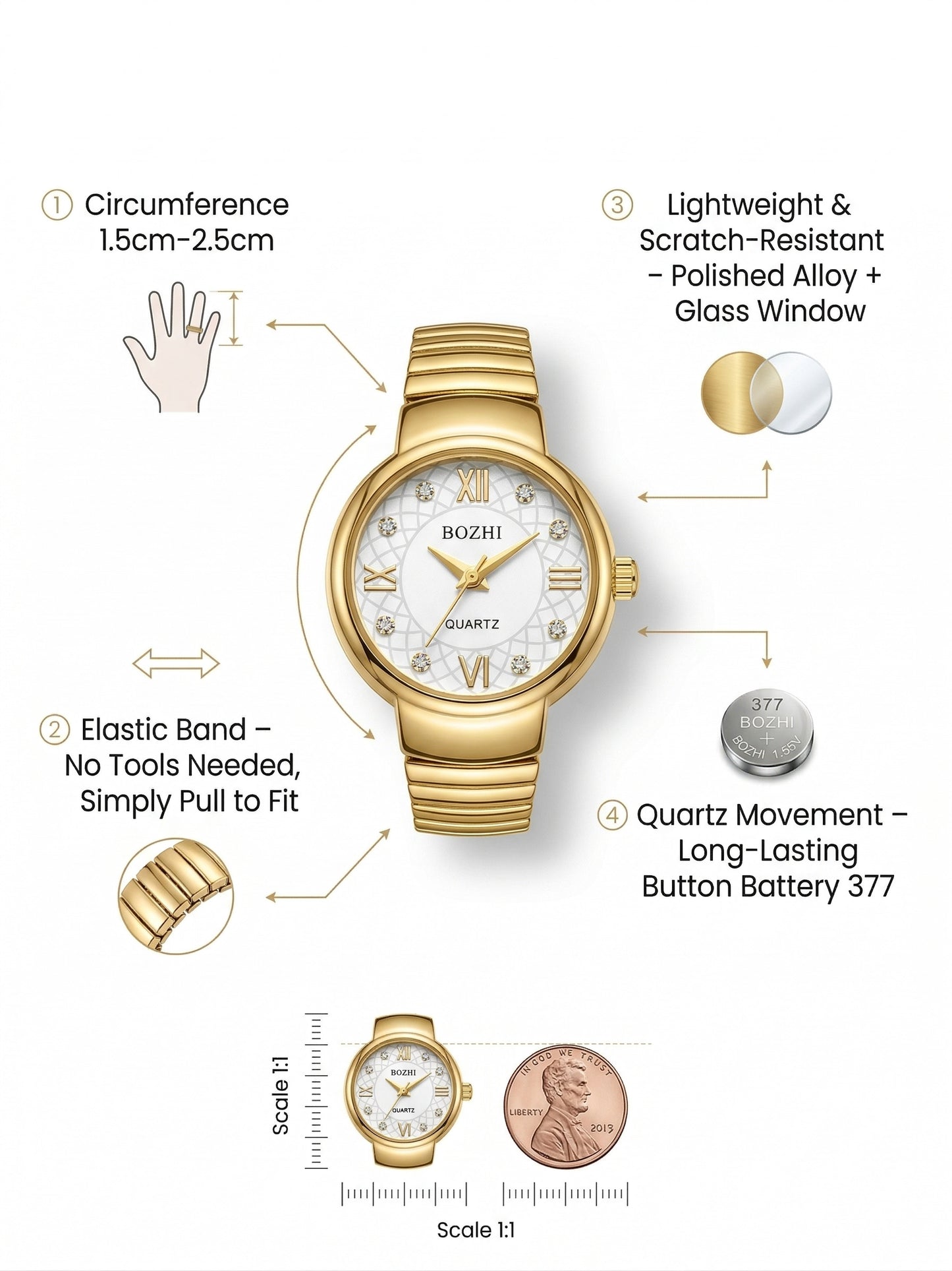 Ring Real Watch with Elastic Band, Quartz Movement & Crystal Accents