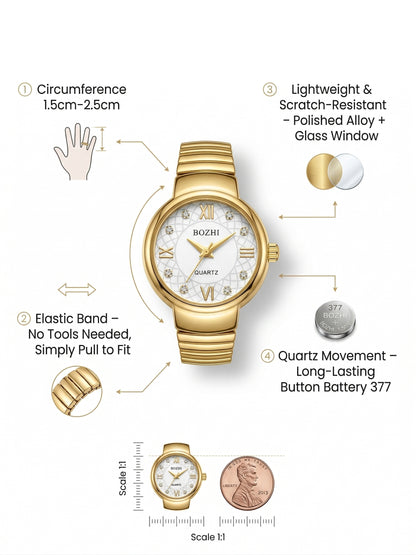 Ring Real Watch with Elastic Band, Quartz Movement & Crystal Accents