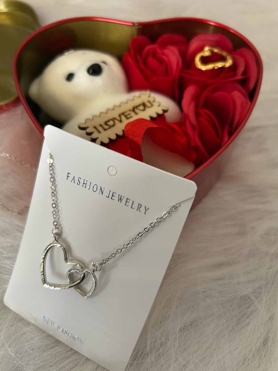 Heart Shaped Big Box With Teddy, Artificial Roses and Jewellery