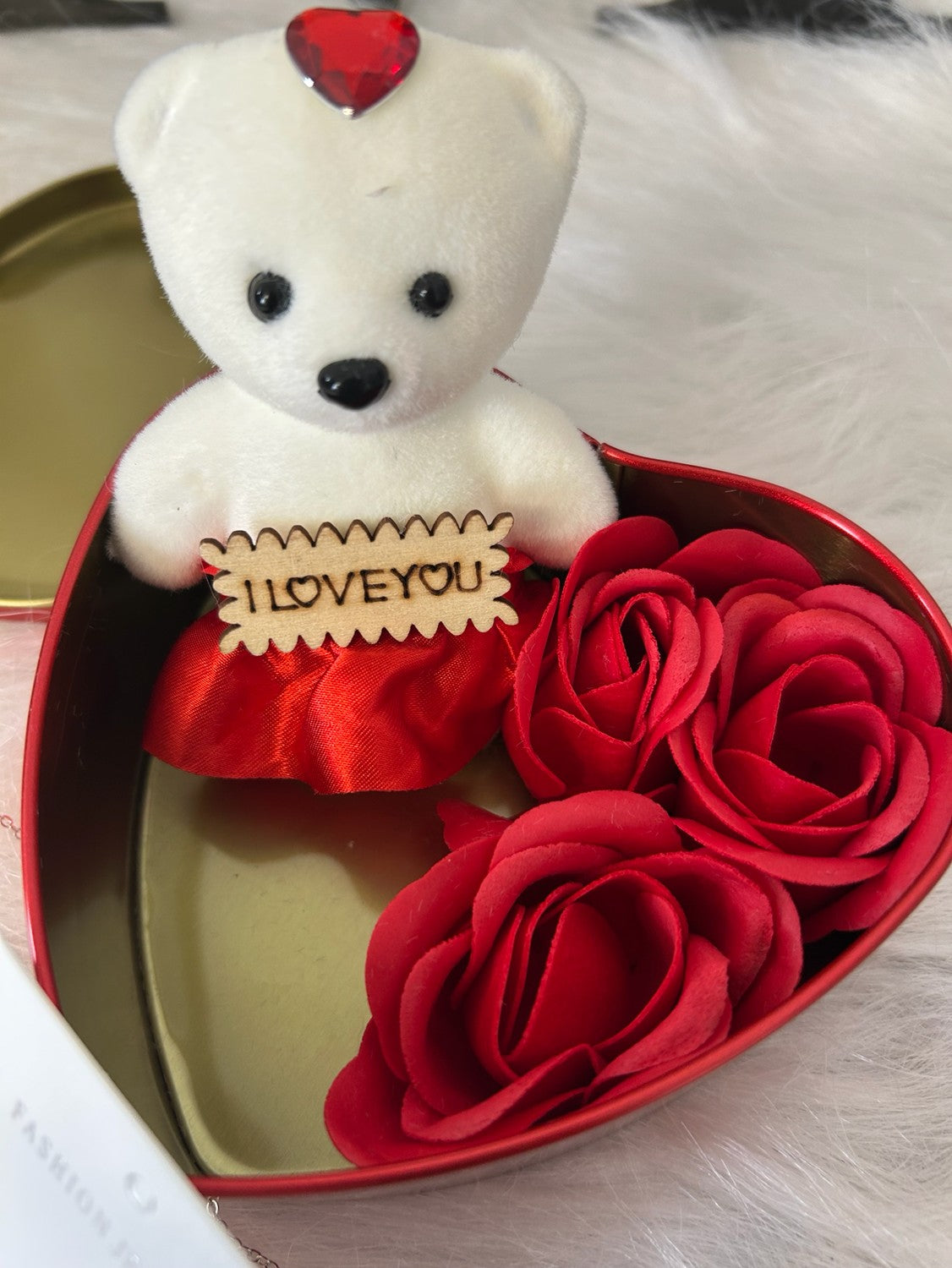 Heart Shaped Big Box With Teddy, Artificial Roses and Jewellery